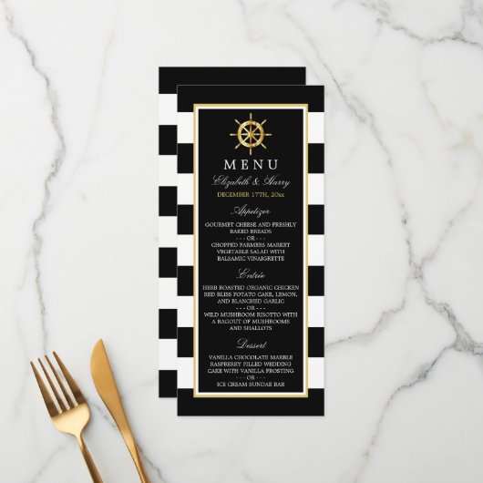 Nautical Gold Wheel, Black & Gold Weddenschap Menu (Voorkant / Achterkant in situ)
