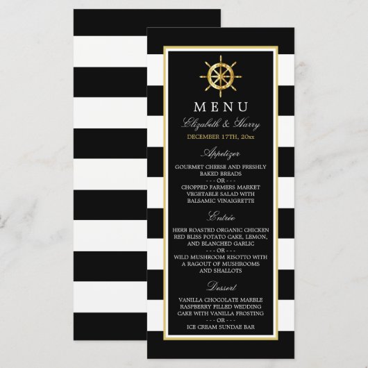 Nautical Gold Wheel, Black & Gold Weddenschap Menu (Voorkant / Achterkant)