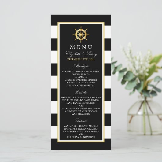 Nautical Gold Wheel, Black & Gold Weddenschap Menu (Staand voorkant)