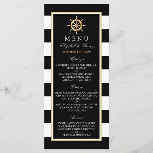 Nautical Gold Wheel, Black & Gold Weddenschap Menu (Voorkant)