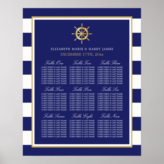 Nautical Gold Wheel, marine & Gold Seating Chart Poster (Voorkant)