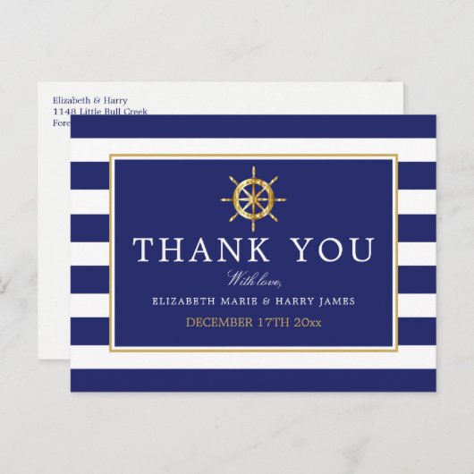 Nautical Gold Wheel, Navy & Gold Weddenschap Harte Briefkaart (Voorkant / Achterkant)