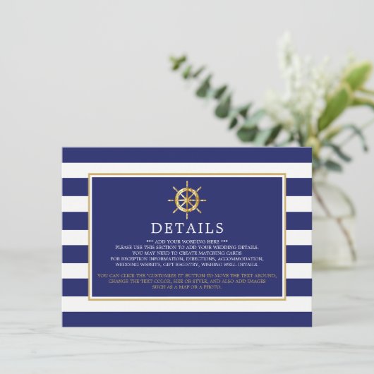 Nautical Gold Wheel, Navy & Gold Wedding Detail Informatiekaartje (Staand voorkant)