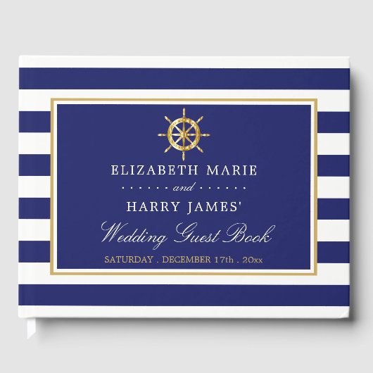  Nautical Gold Wheel, Navy & Gold Wedding Gastenboek (Voorkant)