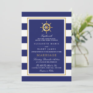 Nautical Gold Wheel, Navy & Gold Wedding Kaart