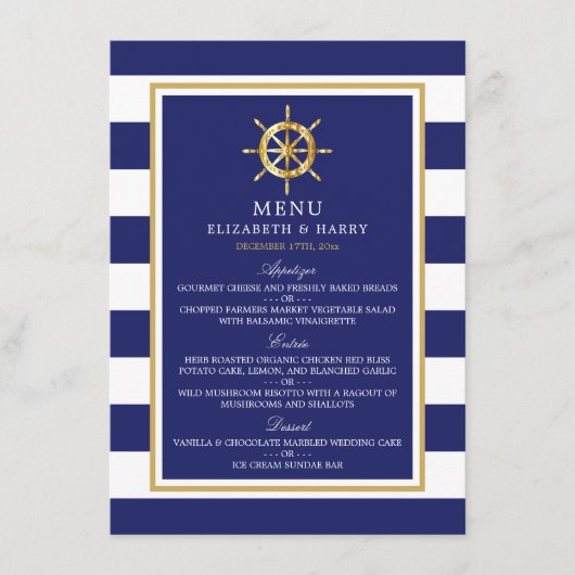  Nautical Gold Wheel, Navy & Gold Wedding Menu (Voorkant)