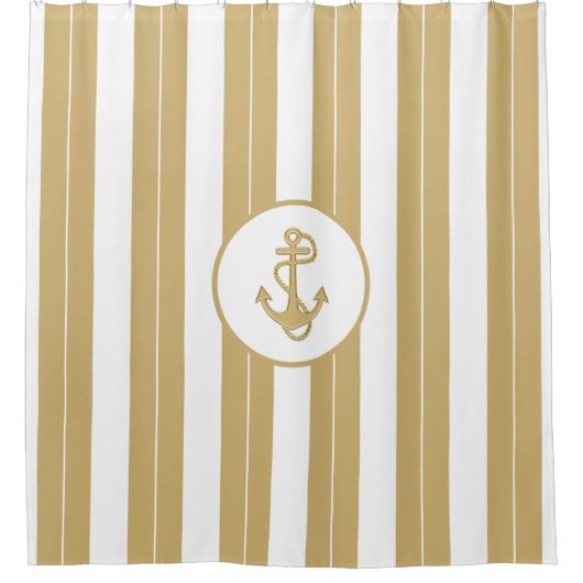 Nautical Gold White - verticale strepen met anker Douchegordijn (Voorkant)