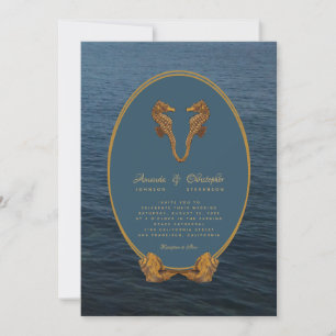 Nautical Gold Zeepaardje Dans Strand Bruiloft Kaart