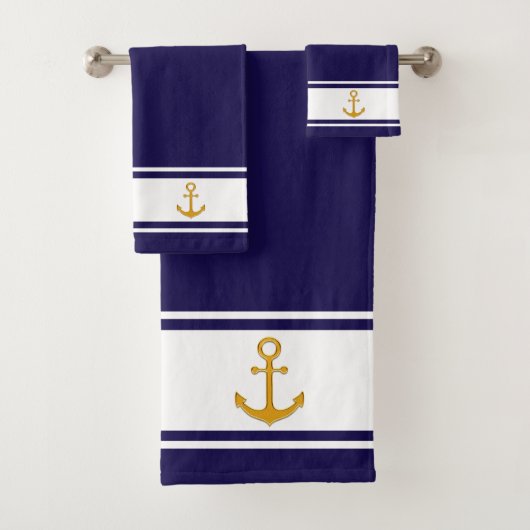 Nautical golden anchor on navy blue & white bad handdoek (Insitu)