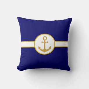 Nautical Golden Anchor op Navy Blue & White Kussen