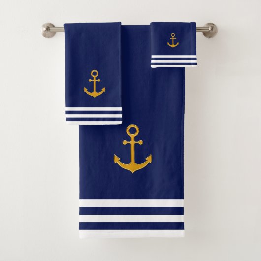Nautical Golden Anchor & Stripes on Navy Blue Bad Handdoek (Insitu)