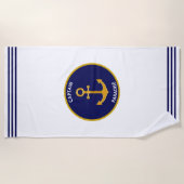 Nautical Golden Ship Anchor on White & Navy Blue Strandlaken (Voorkant)