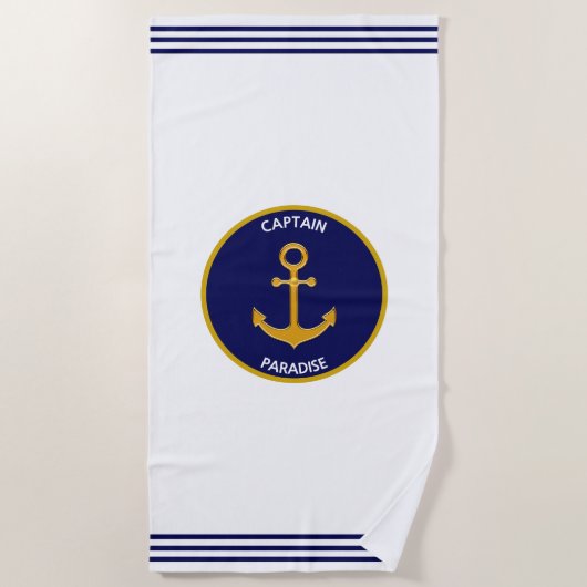 Nautical Golden Ship Anchor on White & Navy Blue Strandlaken (Voorkant)