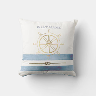 Nautical Gouden Roer,Blauwe Aquarel Strepen   Kussen
