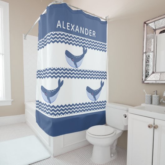 Nautical Gray Blue White Whale Waves Douchegordijn (In situ)