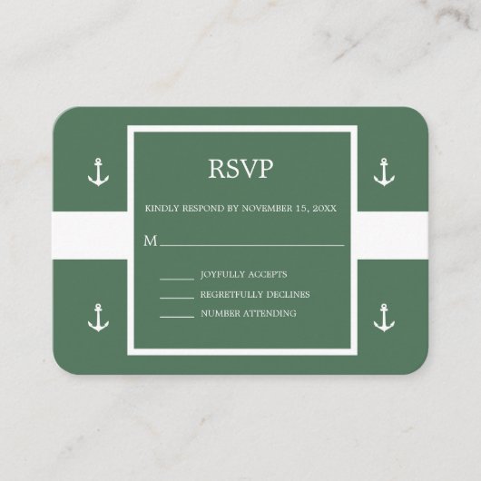Nautical Green White Anchor Stripes Wedding RSVP E Informatiekaartje (Voorkant)