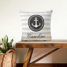 Nautical Grey, Black, White Stripes Anchor