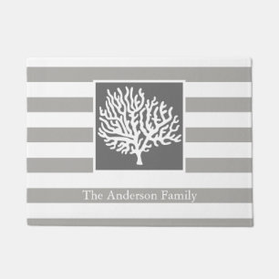 Nautical Grey Stripes & Coral Tree Familienaam Deurmat