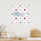 Nautical Grey Waterverf Whale Red Blue Banner Poster (Keuken)