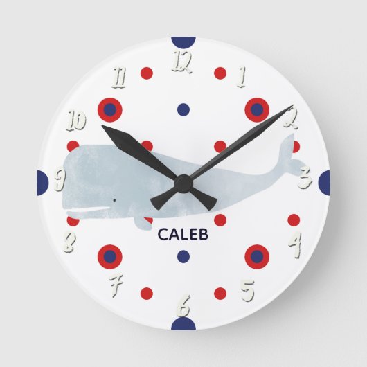 Nautical Grey Waterverf Whale Red Blue Name Ronde Klok (Voorkant)