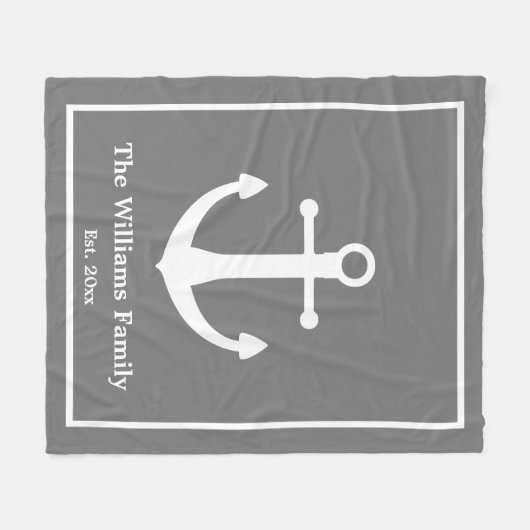 Nautical Grey & White Anchor & Achternaam Fleece Deken (Voorkant (Horizontaal))