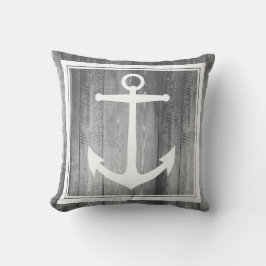 Nautical Grey Wood White Anchor Familienaam Kussen