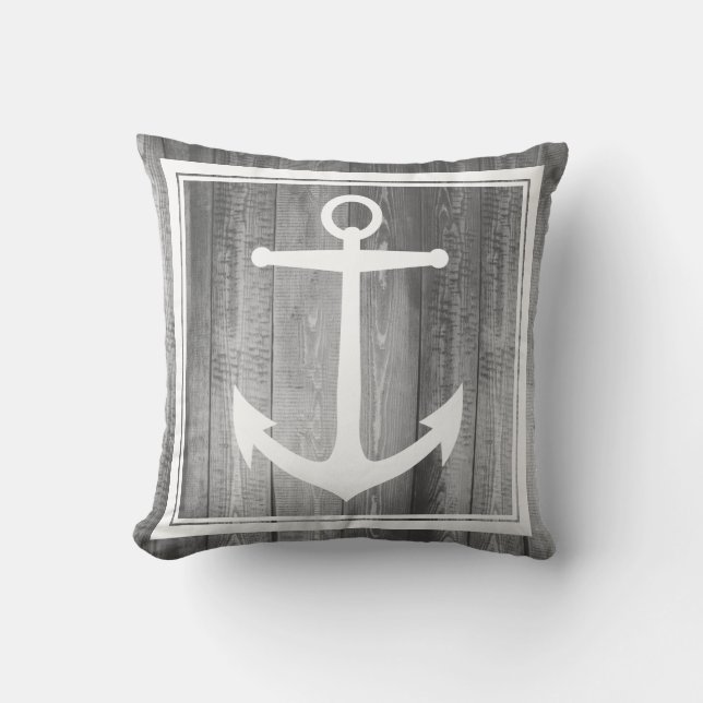 Nautical Grey Wood White Anchor Familienaam Kussen (Voorkant)