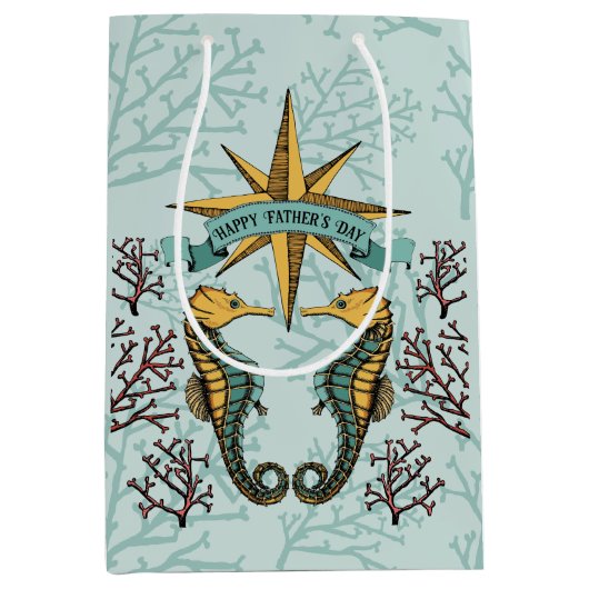 Nautical Happy Fathers Day Zeepaardje & Koraal Fot Medium Cadeauzakje (Voorkant)
