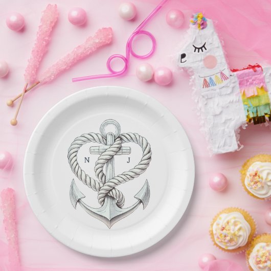 Nautical Hart Touwanker Kust Bruiloft Papieren Bordje (Feest)