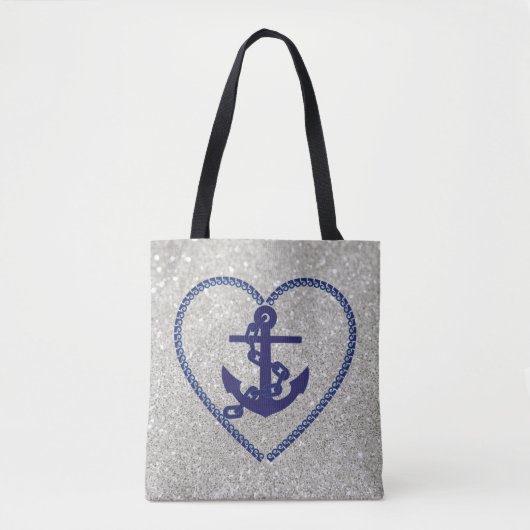 Nautical Heart Anchor Silver Faux Glitter Tote Bag (Voorkant)