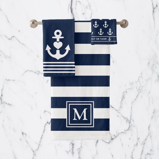 Nautical Heart Anker Navy White Stripes Monogram Bad Handdoek