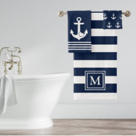 Nautical Heart Anker Navy White Stripes Monogram Bad Handdoek