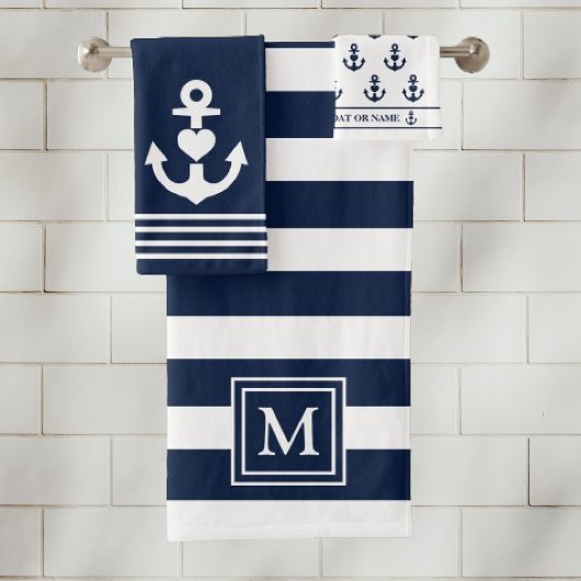 Nautical Heart Anker Navy White Stripes Monogram Bad Handdoek