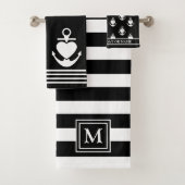 Nautical Heart Anker Zwart Wit Strepen Monogram Bad Handdoek (Insitu)