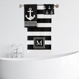 Nautical Heart Anker Zwart Wit Strepen Monogram Bad Handdoek