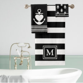 Nautical Heart Anker Zwart Wit Strepen Monogram Bad Handdoek