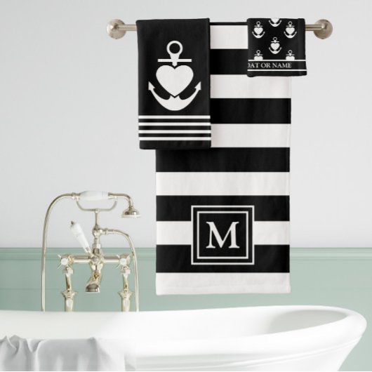 Nautical Heart Anker Zwart Wit Strepen Monogram Bad Handdoek