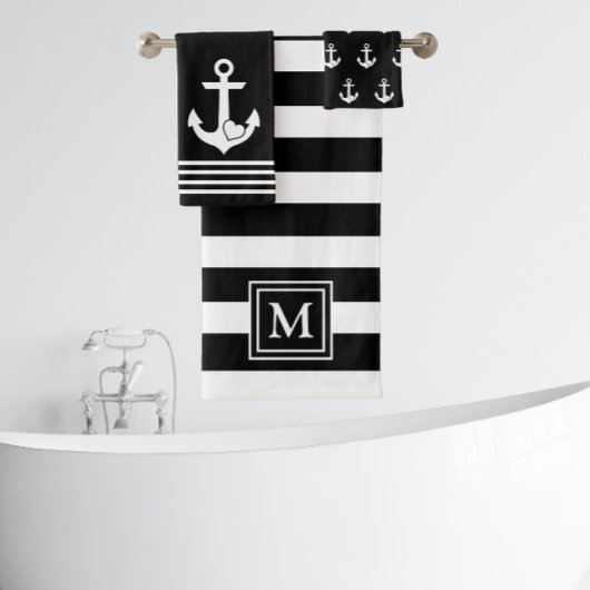 Nautical Heart Anker Zwart Wit Strepen Monogram Bad Handdoek
