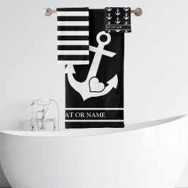 Nautical Heart Anker Zwart & Wit Stripes Custom Bad Handdoek