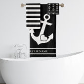 Nautical Heart Anker Zwart & Wit Stripes Custom Bad Handdoek