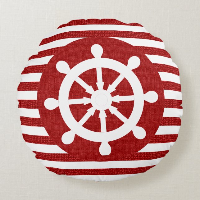 Nautical Helm on Burlap White & Dark Red Stripes Rond Kussen (Voorkant)