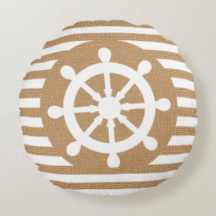 Nautical Helm on Burlap White en Tan Stripes Rond Kussen