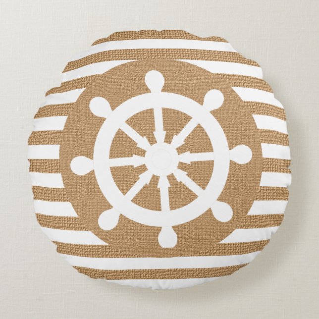 Nautical Helm on Burlap White en Tan Stripes Rond Kussen (Voorkant)