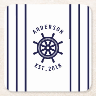Nautical Helm White en Navy Blue Striped Custom Kartonnen Onderzetters