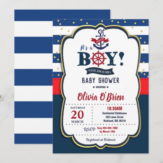 Nautical Het is een Baby shower van de Jongen Rood Kaart (Voorkant / Achterkant)
