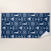 Nautical Icons Navy Blauw en Wit Touw Strandlaken (Voorkant)