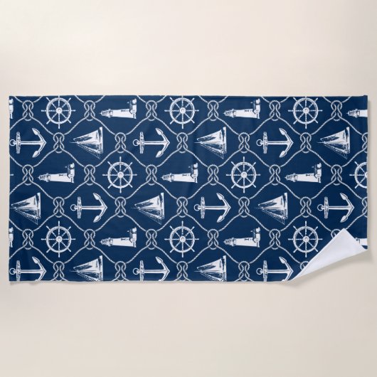 Nautical Icons Navy Blauw en Wit Touw Strandlaken (Voorkant)