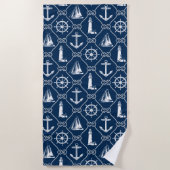 Nautical Icons Navy Blauw en Wit Touw Strandlaken (Voorkant)
