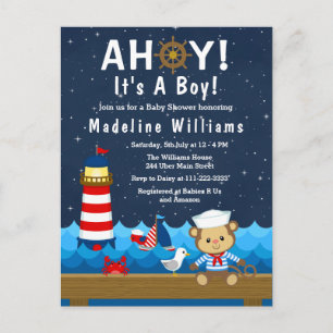 Nautical Jongens Aap Rood en Marine Babyfeestje Briefkaart
