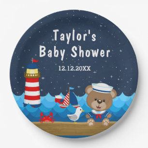 Nautical Jongens Beer Rood en Marine Babyshower Papieren Bordje